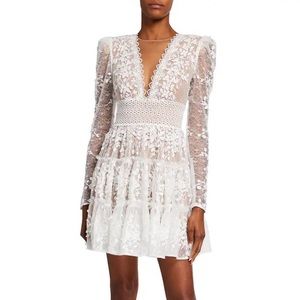 Bronx and Branco Megan V-Neck Illusion Tiered Lace Mini Dress (Small, White)